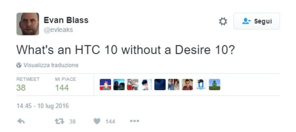 Il tweet di Evan Blass relativo a Desire 10