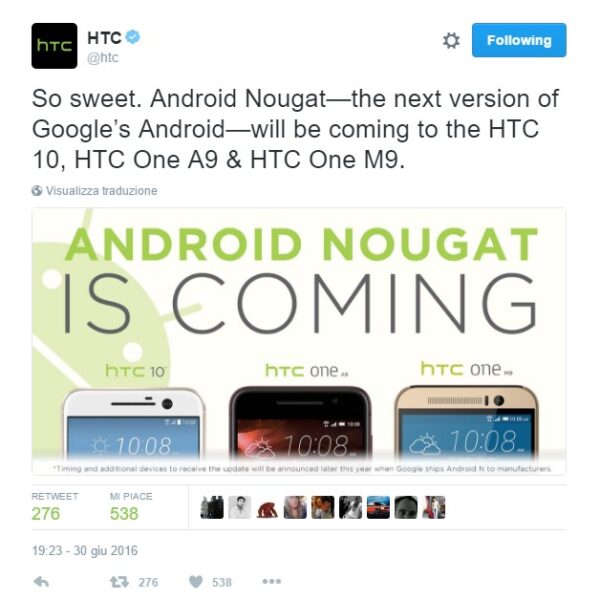 L'annuncio di HTC dell'update ad Android Nougat per A9, M9 e HTC 10