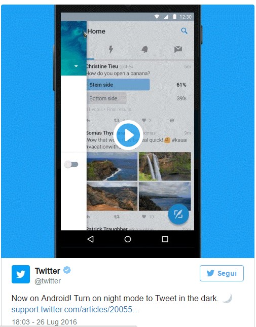 L'annuncio della modalità notturna da parte di Twitter