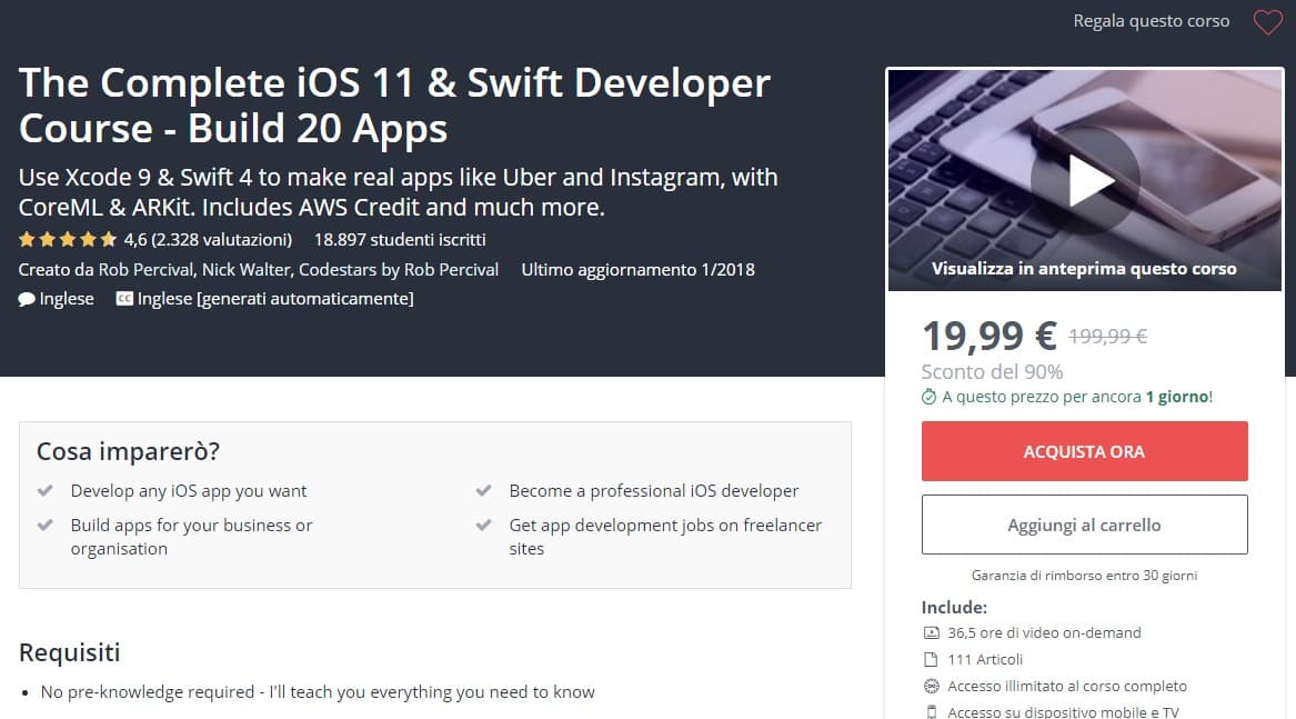 Corso per sviluppare app iOS 11 a soli 20 euro invece di 200
