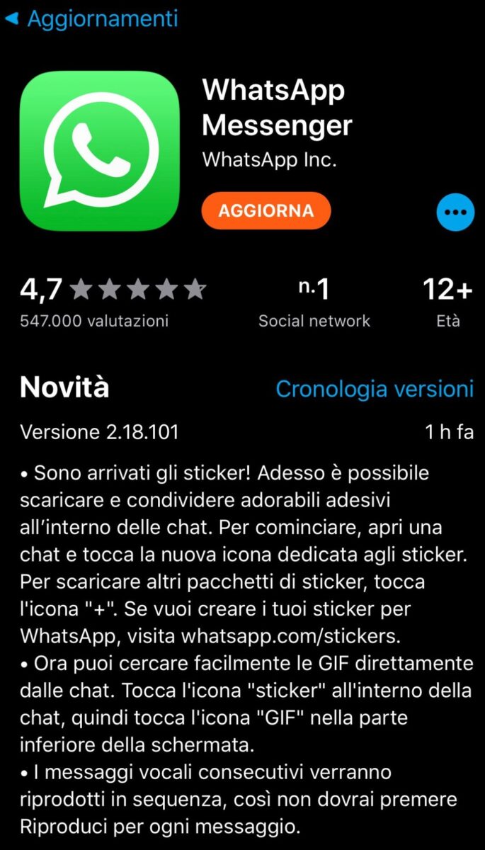 aggiornamento Whatsapp 2.18.101