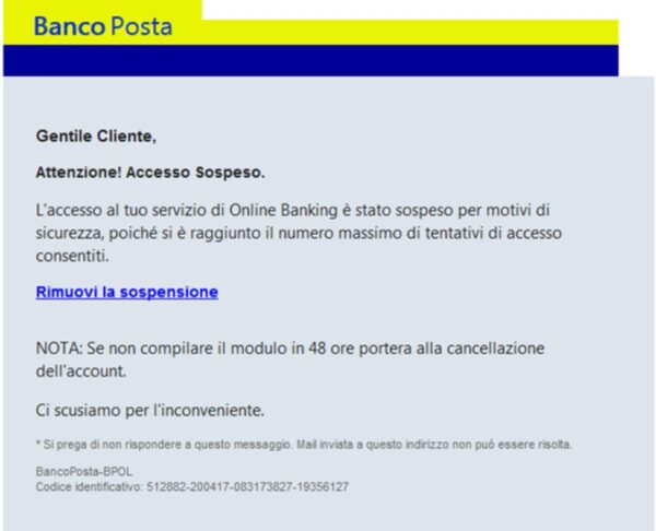 truffa Bancoposta account sospeso