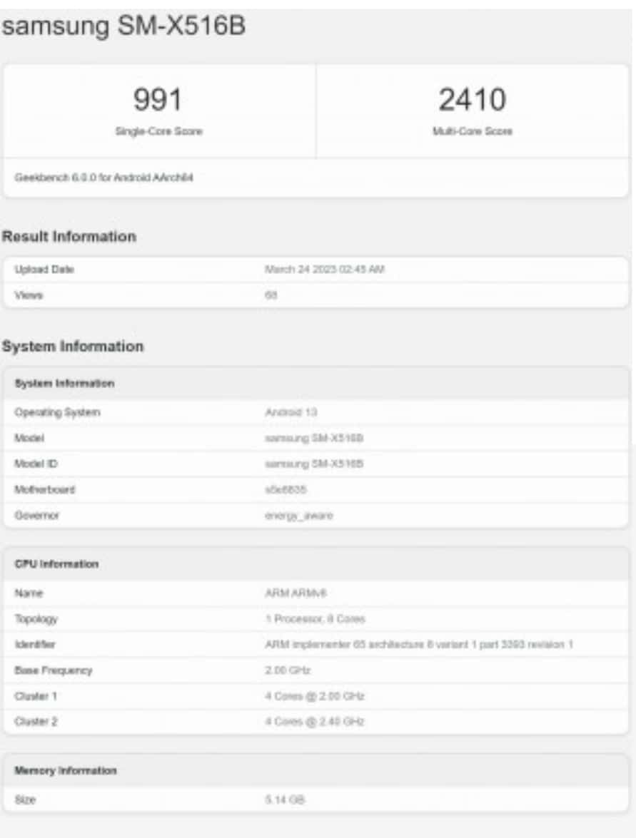 Samsung Galaxy Tab S9 FE Geekbench 1