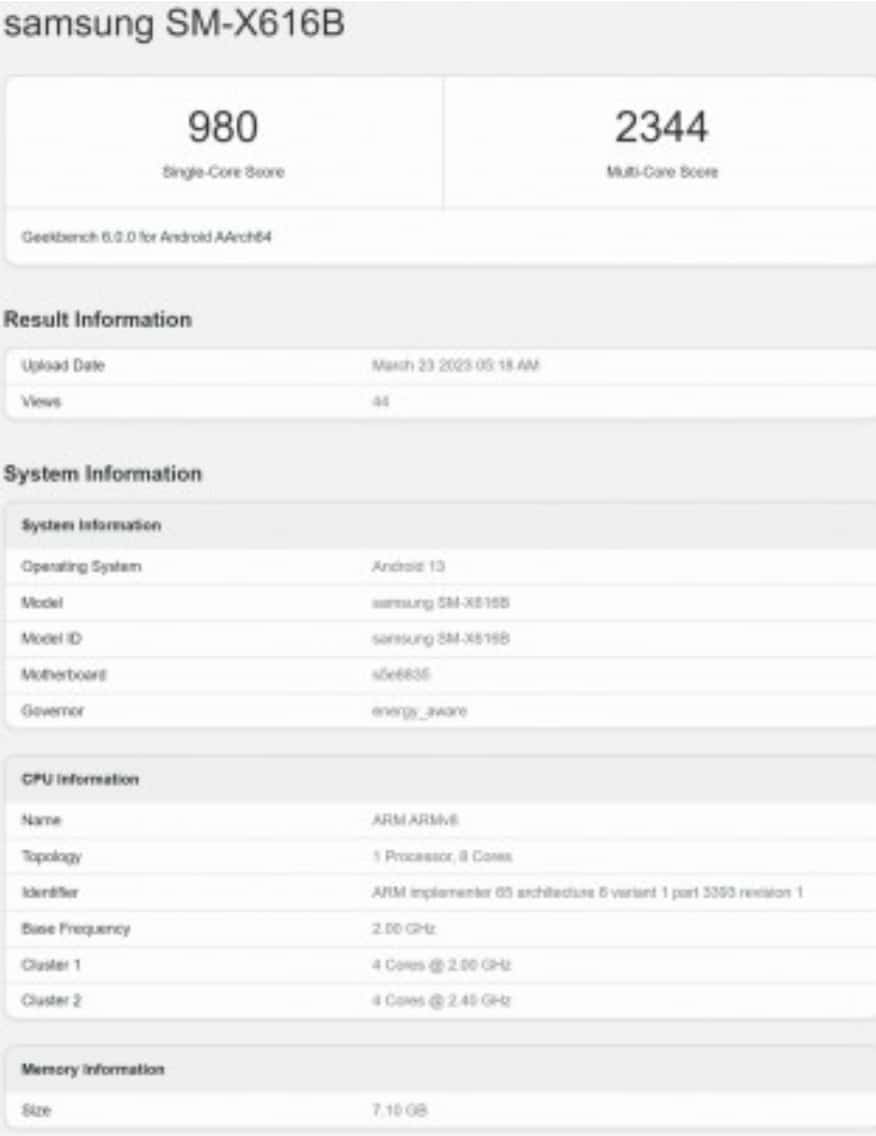 Samsung Galaxy Tab S9 FE Geekbench 2