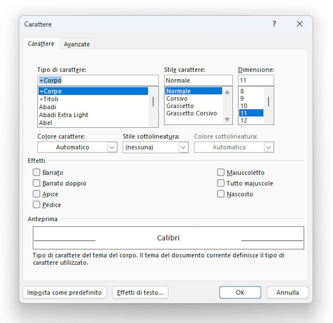 modifica del carattere predefinito su word con sistema operativo windows